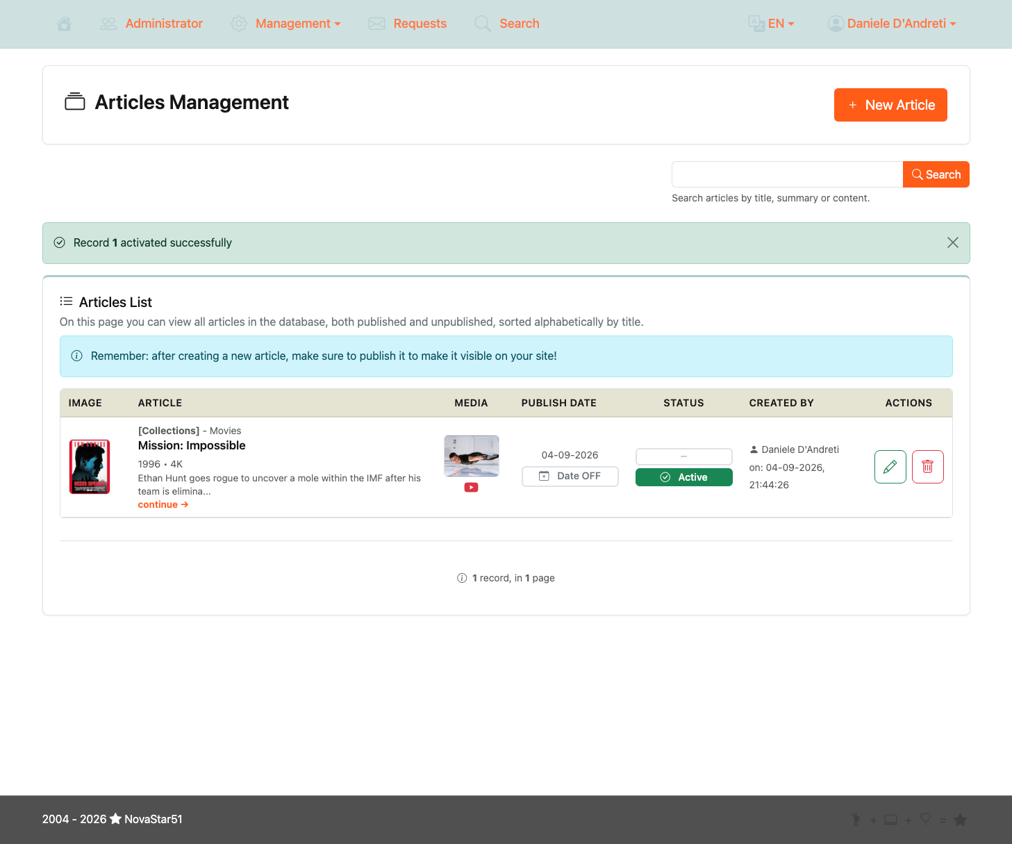 Articles management list